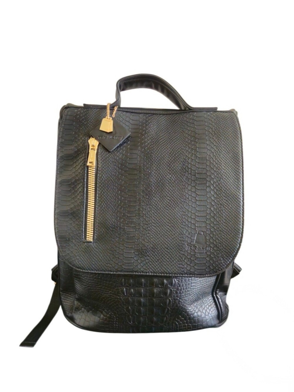 Tote & Carry Black Croc-Embossed Vegan Leather Backpack